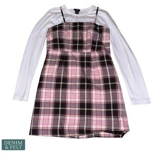 Forever 21 Kids Plaid Jumper Dress w/ White Long Sleeve Top Size 7/8 Girls